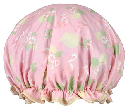 1 Pack Shower Cap for Women, Oil-proof Caps, Double Layers Waterproof Reusable Bath Caps With Ruffled Edge Covering for Girls, Women, Ladies, Kids (Pink Flamingo)