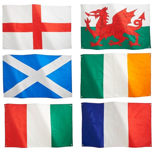 Runesol Sechs Nationen Rugby Flaggen 6er Packung, 91 cm x 152 cm, Premium Fahnen mit 4 Ösen, England, Wales, Schottland, Irland, Frankreich, Italien, Flaggen Deko Pub, Garten, Schule, Camp, Rugby Deko