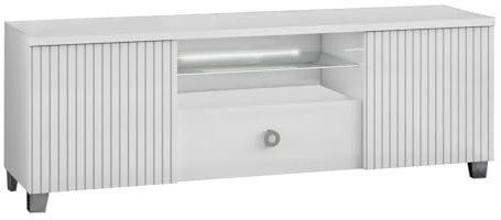 AltoBuy Marika - Meuble TV 2 Portes Laqué Blanc avec LEDs