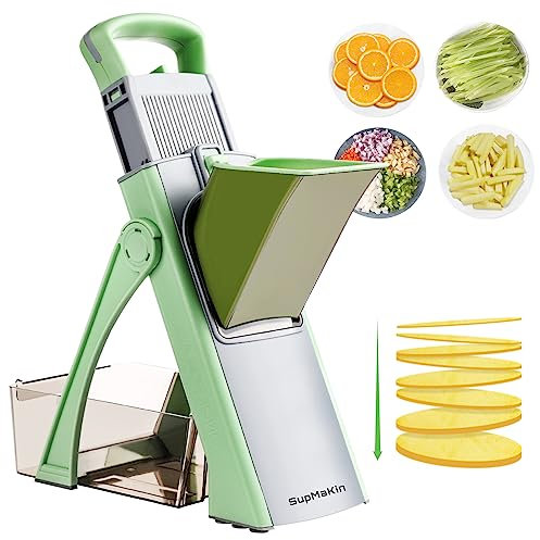 Upgrade Safe Mandoline Slicer for Kitchen, SupMaKin Bigger Entrance Vegetable Food Slice Potato Slicer Chopper, Adjustable Thickness Multi Mandolin, Julienne + Dicer Kitchen Must Haves Green