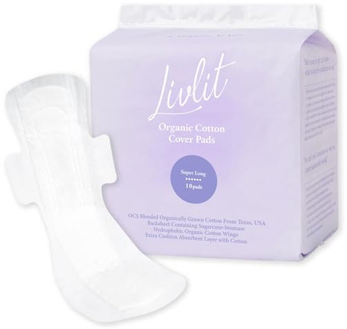 Livlit Super lange Damenbinden für die Nacht, 100 % Bio-Baumwolle aus Texas, starke Saugfähigkeit, starker Auslaufschutz, geruchlos, extra lange Einlagen für Frauen (10 Stück)