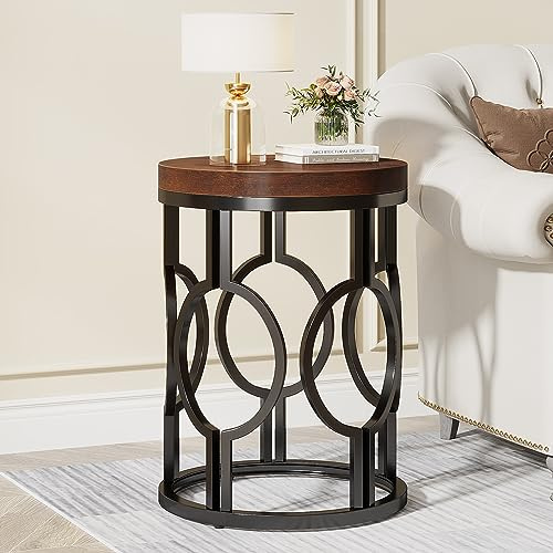 Tribesigns Round End Table, Industrial SideTable with Metal Hollow Frame, Small Bedside Table Nightstand for Living Room, Bedroom, Easy Assembly (Rustic Brown,1PC) (Rustic Brown+Black)