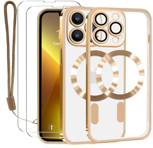 Lafunda Coque pour iPhone 13 Pro Max avec 2×Verre Trempé et Caméra Protecteur, Coque avec MagSafe Magnétique pour iPhone 13 Pro Max Film Protection D'écran Transparente Coque Aimantée Or