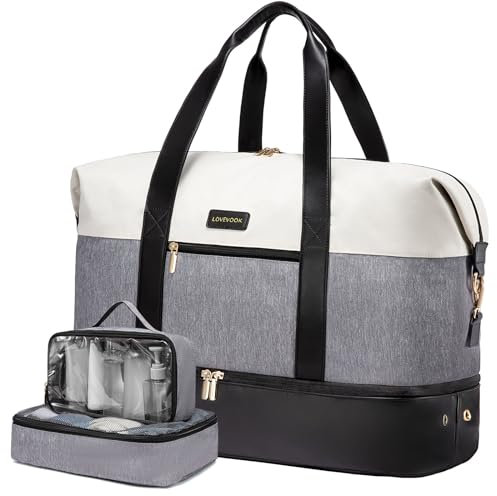 LOVEVOOK Travel Duffle Bag for Women, Waterproof Overnight Weekender Bag with Shoes Compartment & Trolley Sleeve, Hospital Holdall Cabin Suitcase Carry On Flight Bags