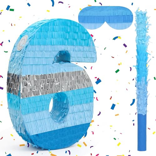Birchio Pinata-Set mit der Zahl 6 mit Augenbinde und Schläger (41 x 27 x 10 cm), perfekt für Geburtstagsparty-Zubehör, Bausteine, Geburtstag, Dekoration