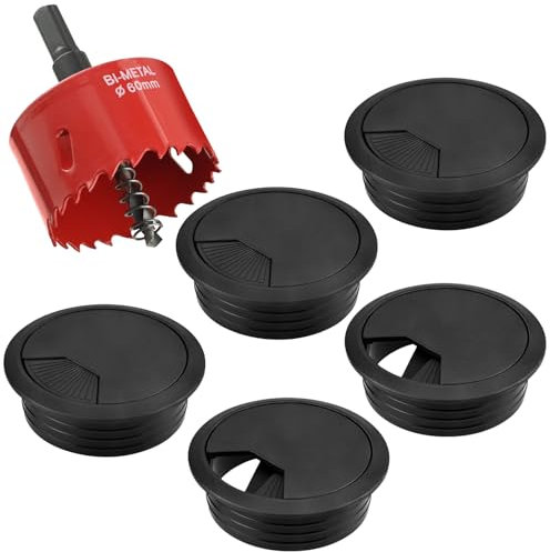 5 Stück kabeldurchführung Schreibtisch mit 60mm Lochsäge, Draht Kabel-Kabeltüllen für Büro, Schwarz Schreibtisch-Kabeltülle Schreibtisch-Kabellochabdeckungen Büro und Heimarbeitsplatzkabel