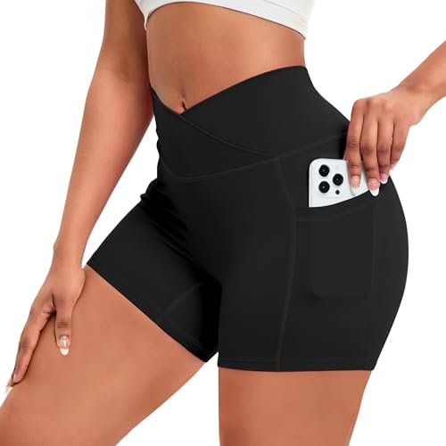 Vertvie V Cross Gym Shorts Damen Workout Shorts V Waist Hohe Taille Kurz Sporthose Butt Lift Stretch Yoga Leggings mit Seitentaschen Push Up Radlerhose Sommer (Schwarz, XL)