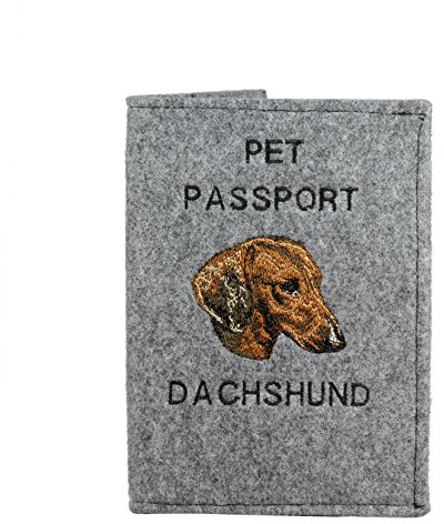 Art-Dog Hundepasshülle - Handgefertigte Filzhülle mit gesticktem Muster - Tierärztliche Reisepasshülle für Hunde - 17x12,5cm - Dachshund I