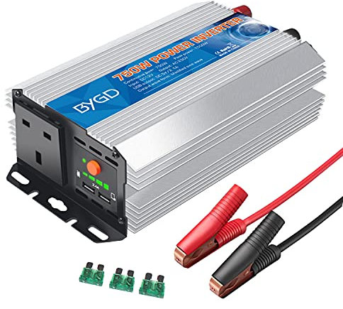 BYGD 750W Power Inverter, DC 12V to AC 230V Car Converter, Car Power Adapter with Dual USB Ports for Travelling, Camping, Going Out and more.
