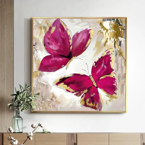 GEMMII Astratta Rosa Rossa Con Farfalle Dorate Quadro su tela di grandi dimensioni Dipinto su Tela Immagine di Arte della Parete Poster per Soggiorno Decor 40x40 cm Senza Cornice
