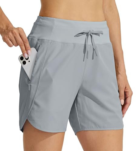 WILLIT Damen Shorts Sporthose Kurz Laufhose Sommer Laufshorts Wanderhose Schnelltrockene High Waisted Fitness Sport Running Reißverschlusstasche 5 Hellgrau L