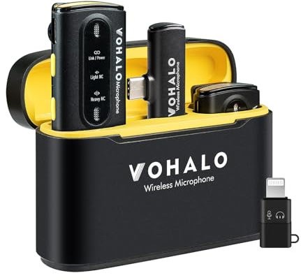 VOHALO Wireless Lavalier Microphone System 2 Transmitter and 1 Receiver for iPhone/Android/Camera/Camcorder Professional Video Recording Interview Podcasting