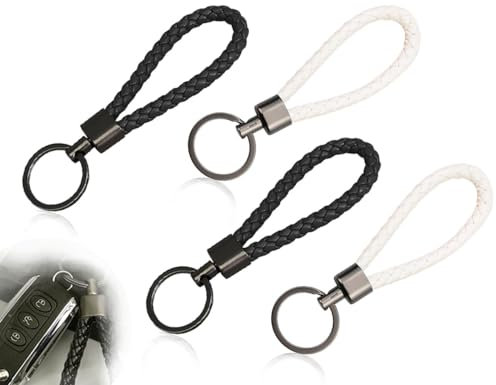 KAPSING Lot de 4 porte-clés en cuir, cordon court tressé personnalisé avec petite boucle en métal, pour motos, voitures, clés de vélo, clés de maison (noir et blanc)