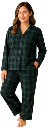 Ensemble pyjama femme flanelle 100 % coton doux chaud haut boutonné pantalon élastique à carreaux avec poches (FR/ES, Alpha/lettres, TTG, Taille normale, Taille normale, Carreaux vert et bleu marine)