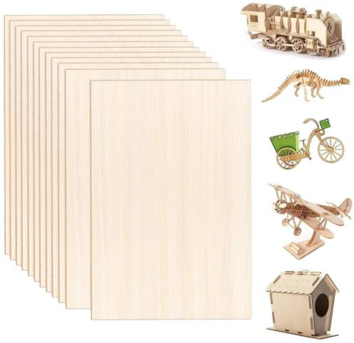 Ryvera 12 Piezas Madera Contrachapada 300x200x2mm Natural Madera de Tilo Tablero Madera Para Carpintería de Bricolaje Madera de Balsa,para Corte por Láser,Manualidades,Pirograbado,Bricolaje