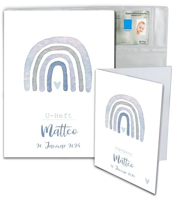 Minilino personalisierte U Heft Hülle 3-teiliges Premium Set für Impfpass & U-Heft [ SCHÜTZT WICHTIGE DOKUMENTE ] Organizer für Untersuchungsheft (Regenbogen blau)