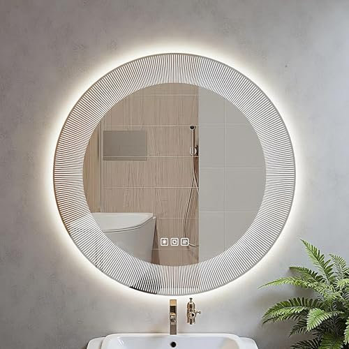furduzz 500mm Round Bathroom Mirror with LED Light, Illuminated Bathroom Mirror, Anti-Fog Circle Wall Mounted Vanity Mirror, 3-Color Dimmable LED Light, IP44 (Frosted Line Design)