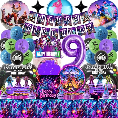 Fortnit Cumpleaños Decoracion Kit 9 años, Videojuegos para Globos del Controlador Gaming Gamer Set, Frotox Fortnit Cumpleaños Vajilla Fiesta Set, 94 Piezas Artículos Partyware Temática Videojuego Niño