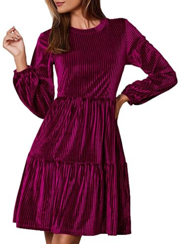 Zeagoo Robe Manches Longues Femme Col Rond Élastique Taille Haute Robes Manche Lanterne Automne Hiver Robe A Ligne Robes de Fête Violet L