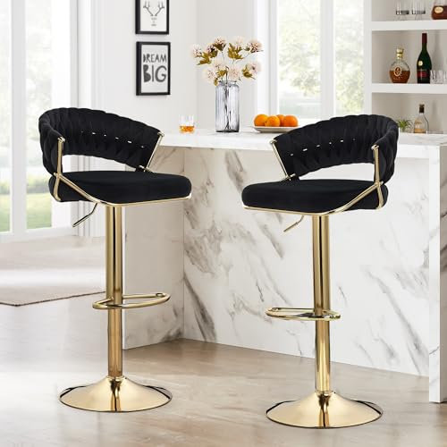 AONYAYBM Tabouret de Bar Lot de 2, Chaise Haute, Hauteur Réglable, Revêtement en Velours, Rotatif sur 360°, avec Dossier Tressé Et Pieds Dorés, Piètement chromé, Chaise de Bar pour Bar/Cuisine (Noir)