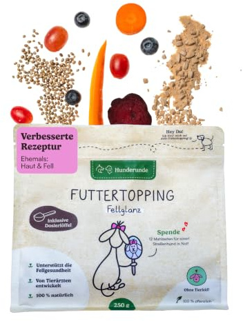 Hunderunde Futtertopping Fellglanz 250g Nahrungsergänzugsmittel Hund | 100% pflanzliches Futtertopping für streichelweiches, glänzendes Fell & gesunde Haut - Mit Omega-3, Bierhefe & Hanfsaat