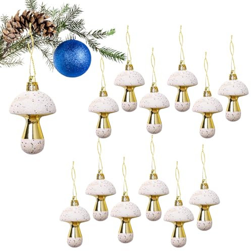 HERZONE 12pcs Weihnachtsbaumanhänger Fliegenpilze Pilze zum Aufhängen Pilz Glückspilz Anhänger Herbst Deko Weihnachtsbaumschmuck (Gold(Pilze))