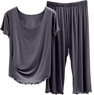 Pigiama Donna Cotone Leggero Pigiama Donna Tinta Unita Girocollo Pigiama Maniche Corte E Pigiama Capris Tutone Pigiama Pigiama in Pile Donna Natale (B, XXL)