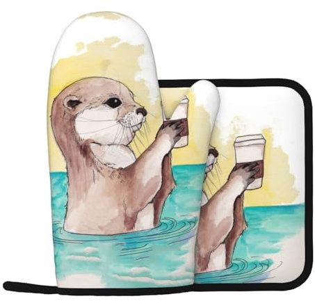 Sea Otter Silikon Ofenhandschuhe und Topfmatte Ofenhandschuhe zum Grillen, Kochen und Backen