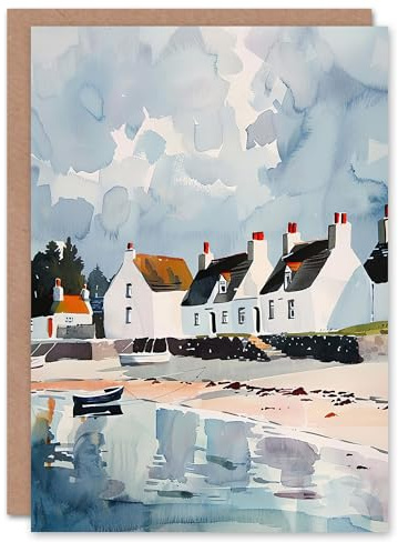 Artery8 Greeting Card Isle Jura Fisherman Seaside Cottages Watercolour Blank For Him Or Her Art Birthday Card