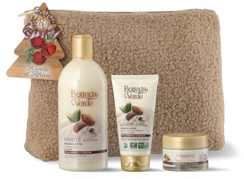 Bottega Verde - Karitè, Confezione Regalo con Bagnolatte 400 ml, Crema Mani 75 ml, Crema Viso 50 ml, in un Soffice Teddy Beauty Case, Idea Regalo