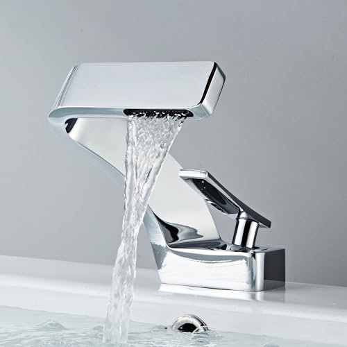 MocArt 2239 Waterfall Faucet, Bathroom Hot and Cold Mixer Tap, Hotel Basin Copper Faucet, Ceramic Valve Core, Single Hole Installation, Water Saving Design (Bright Silver)