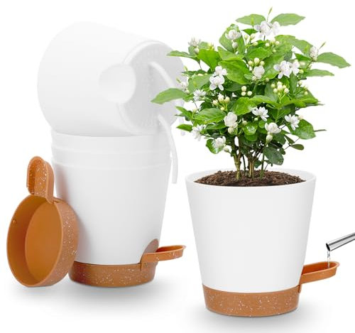 Yimomoyi 5 Stück Kunststoff Blumentopf mit Bewässerungssystem, Selbstbewässerung Übertopf mit Untersetzer, Rund Pflanzkübel für Innen und Balkon Garten Pflanzen Sukkulenten Kaktus (Weiß)