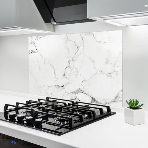 ARTHUB® Glass Kitchen Splashback 50x70 cm, Tempered Glass 4mm | Heat Resistant, Stove Splash Guard, Wall Protector, Abstract, White Marble Grey
