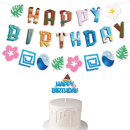 Geburtstagsdekorations Set, Alles Gute zum Geburtstag Banner und Tortenaufsatz Happy Birthday Schild Girlande für Hawaiianische Tropische Luau Sommerstrandparty Dekorationen