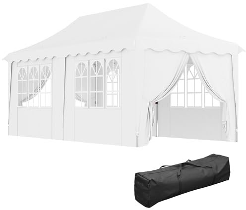 Outsunny 3 x 6m Pop Up Gazebo with Sides, UPF50+ Height Adjustable Marquee Party Tent, Wedding Canopy, Instant Event Shelter with Carry Bag and Sand Bags for Garden, White