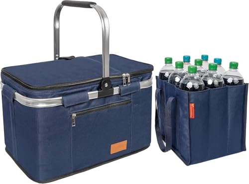 Einkaufskorb faltbar 35L + Flaschentasche 9 Fächer bis zu 1,5L Flaschen | Set Kühltasche groß isoliert & wasserdicht + Flaschenkorb: Lunchtasche Flaschenträger Thermotasche Bottle Bag (Blau-B)
