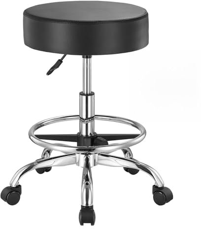 VEVOR Sattelhocker Rollhocker 204 kg belastbarer höhenverstellbarer (55-71 cm) Drehhocker Arbeitshocker mit Rückenlehne & Fußstütze, PU-Leder-Drehsattelstuhl für Salon Spa Massage Klinik Schwarz