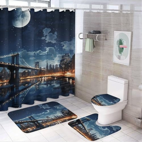 BWQSKL Lot de 4 rideaux de douche avec tapis antidérapant, housse d'abattant de toilette et tapis de bain Motif New York City