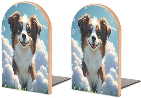 Serre-livres en bois, motif chien dans les nuages, serre-livres de bureau, étagère décorative, serre-livres en bois robuste (1 paire)