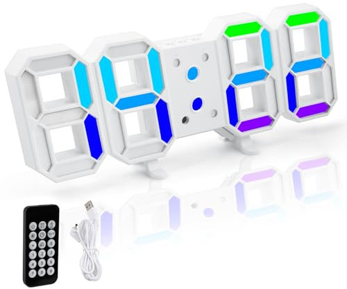 Romon Horloge Numérique, Horloge Murale Numérique Digitale Réveil Lumineux Électroniques LED 7 RGB Couleur 12/24 Heures Mode Veille avec Télécommande Décoration Bureau Gaming Accessoires Chevet Blanc