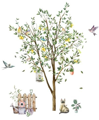 Codulu Lemon Tree Wall Stickers Cats Birds Wall Decals | Watercolor Wall Decor for Girls Living Room Bedroom Sofa TV Background Adult Home Office