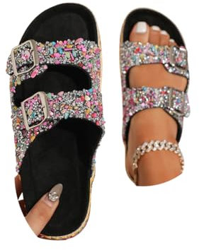 Minetom Mules Femme Paillettes Boucle Sabots Bout Ouvert Été Plates en Liège Nu-Pieds Semelles Épaisses Sandales De Plage Boho Romain Chaussons A Noir 38 EU