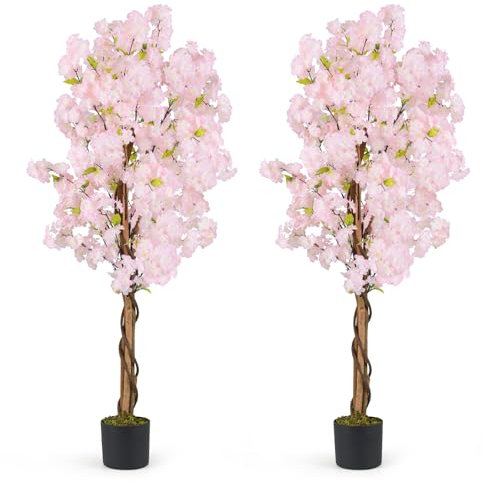 GIANTEX Juego de 2 Árboles Artificiales de Cerezo, Planta Decorativa 150 cm en Maceta, Flores Sakura Rosas, Árboles de Flores para Entrada, Salón, Oficina