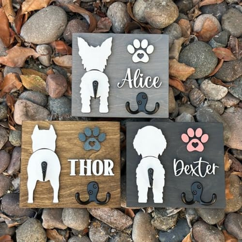 Support mural pour laisse de chien personnalisé, support de laisse de chien 3D personnalisé avec nom, support pour clés, organiseur de rangement d'entrée, cadeau pour les amoureux des animaux (gris)