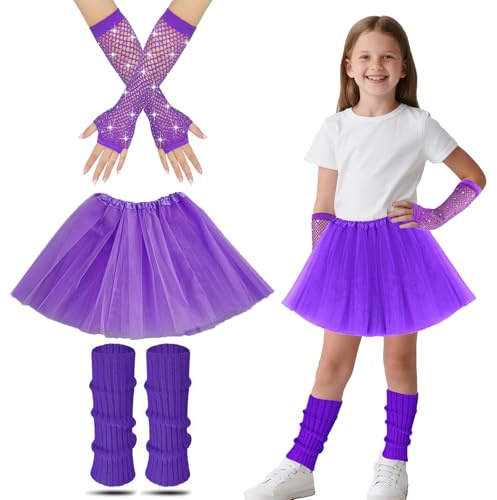 Cosysparks Stulpen Tütü Kinder,80er Jahre Fancy Kleid Für Kinder Mit Bein Warmer Tutu Rock Neon Fishnet Handschuhe 80er Jahre Fancy Kleid 80er Jahre Themenparty Kostüm Zubehör Set Für Mädchen