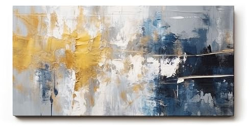 Sinus Art Wandbild 100x50cm Markante abstrakte Farbflächen in Blau, Gold und Weiß erzeugen Tiefe und Ausdruckskraft im Raum