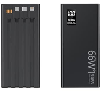 Power Bank con 4 cavi integrati, 20000 mAh, ricarica rapida, caricabatterie portatile per telefono, 66 W PD USB C, 2 ingressi USB 2 uscite tipo C per iPhone/iPad/Samsung/dispositivi Android (nero)