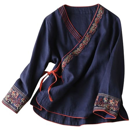 Tops for Women UK V Neck Linen Shirts Long Sleeve Embroidered Ethnic Blouses Summer 3/4 Sleeve Bohemian Tees Dressy Casual Boho Top Cotton Linen Plain Tops Meditate Going Out