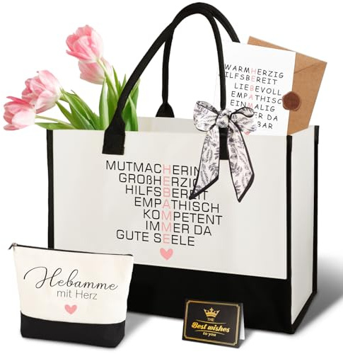 Giftota Geschenkset für Hebamme mit Tasche, Kosmetiktasche & Karte – Dankeschön Geschenk zur Geburt oder zum Abschied, liebevolles Geschenk Hebamme mit Herz, Mutmacherin Großherzig & Empathisch