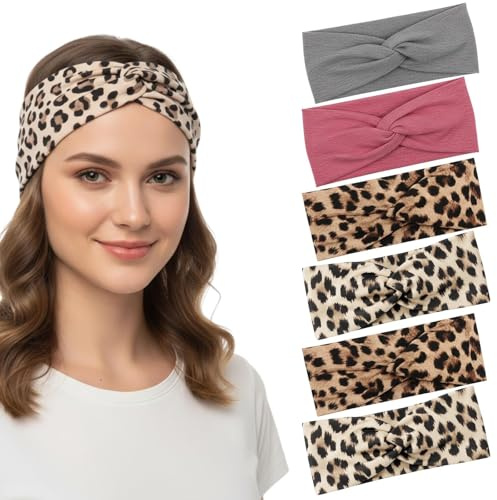 6 Stück Haarband Damen, Leopard Print & Einfarbig Dünn Elastische Stirnband Damen Dünn Rutschfest Haarbänder Weiches Headband Hair Band für Yoga Exercise Workout Laufen Gym